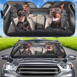 Dorberman With USA Flag Bandana Car Auto Sunshade, Cute Dog Windshield Sunshade, Animals Couple Front Window Windshield