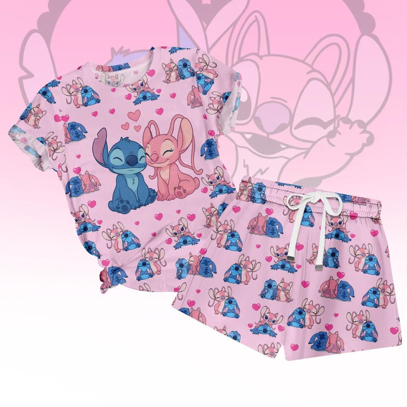 Stitch And Angel Valentine T-Shirt, Disney Women Shorts, Happy Valentine Pajamas Set, Stitch Love Holiday Pajamas, Cute Cartoon Tee