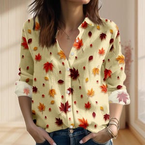 Fall Maple Leaves Linen-Look Shirt, Autumn Women Shirt, Cute Fall Casual Shirt, Witchy Cozy Beige Leaf Blouse Shirt, Halloween Gifts