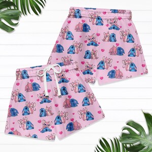Stitch And Angel Valentine T-Shirt, Disney Women Shorts, Happy Valentine Pajamas Set, Stitch Love Holiday Pajamas, Cute Cartoon Tee
