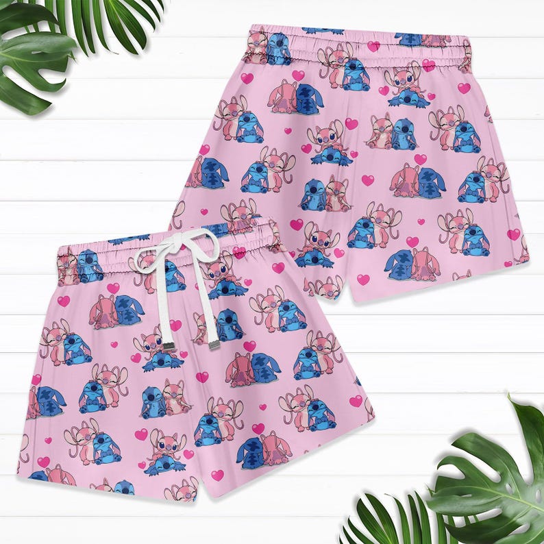 Stitch And Angel Valentine T-Shirt, Disney Women Shorts, Happy Valentine Pajamas Set, Stitch Love Holiday Pajamas, Cute Cartoon Tee