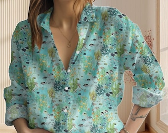 Fish Ocean Linen-Look Shirt, Sea Life Print Blouse Shirt, Sea Creatures Love Casual Shirt, Nature Women Shirt, Vacation 2025 Gift