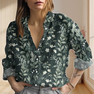 Botanical Floral Linen-Look Shirt, Nature Love Blouse Tops Women, Gardening Casual Shirt, Retro Button Shirt For Summer, Gift For Her