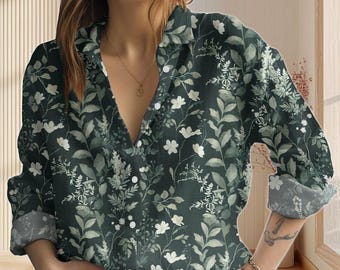 Botanical Floral Linen-Look Shirt, Nature Love Blouse Tops Women, Gardening Casual Shirt, Retro Button Shirt For Summer, Gift For Her