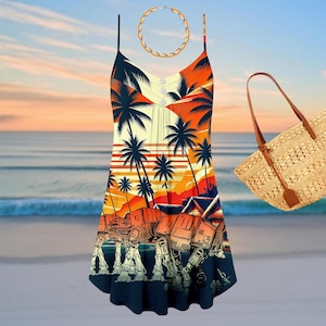 May include: A sleeveless dress with a tropical sunset design featuring palm trees and a beach scene. The dress has a scoop neckline and three buttons. A straw tote bag and a shell necklace are also in the image.