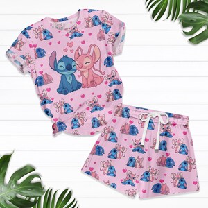 Stitch And Angel Valentine T-Shirt, Disney Women Shorts, Happy Valentine Pajamas Set, Stitch Love Holiday Pajamas, Cute Cartoon Tee