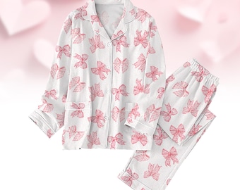 Coquette Valentines Day Pajamas Set, Pink Coquette Bow Holiday Pajamas, Cute Pajamas For Party, Girly Sleepwear, Valentines Day Gifts