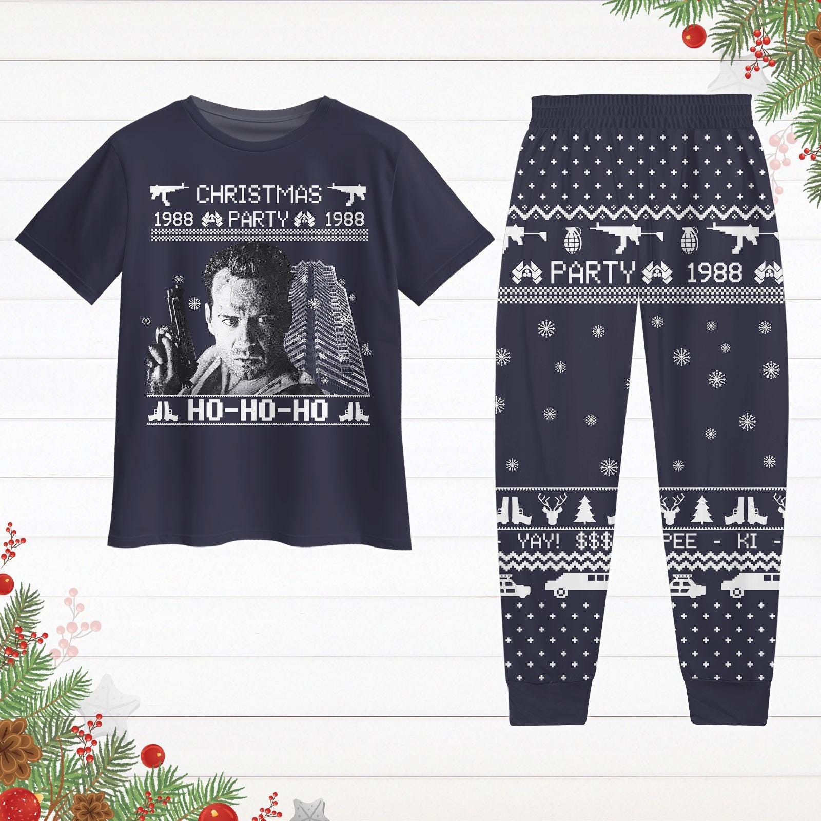 Discover Hans Gruber Pajamas Set, Nakatomi Plaza Pajamas Christmas, Christmas Party 1988 Tshirt And Pajamas Pants, Xmas Holiday Party Pjs