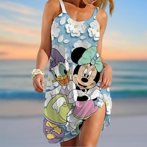 Mickey And Friends Sling Summer Dress, Disneyland Dress Women, Donald Duck Dress, Cartoon Characters Beach Dress, Summer Clothes
