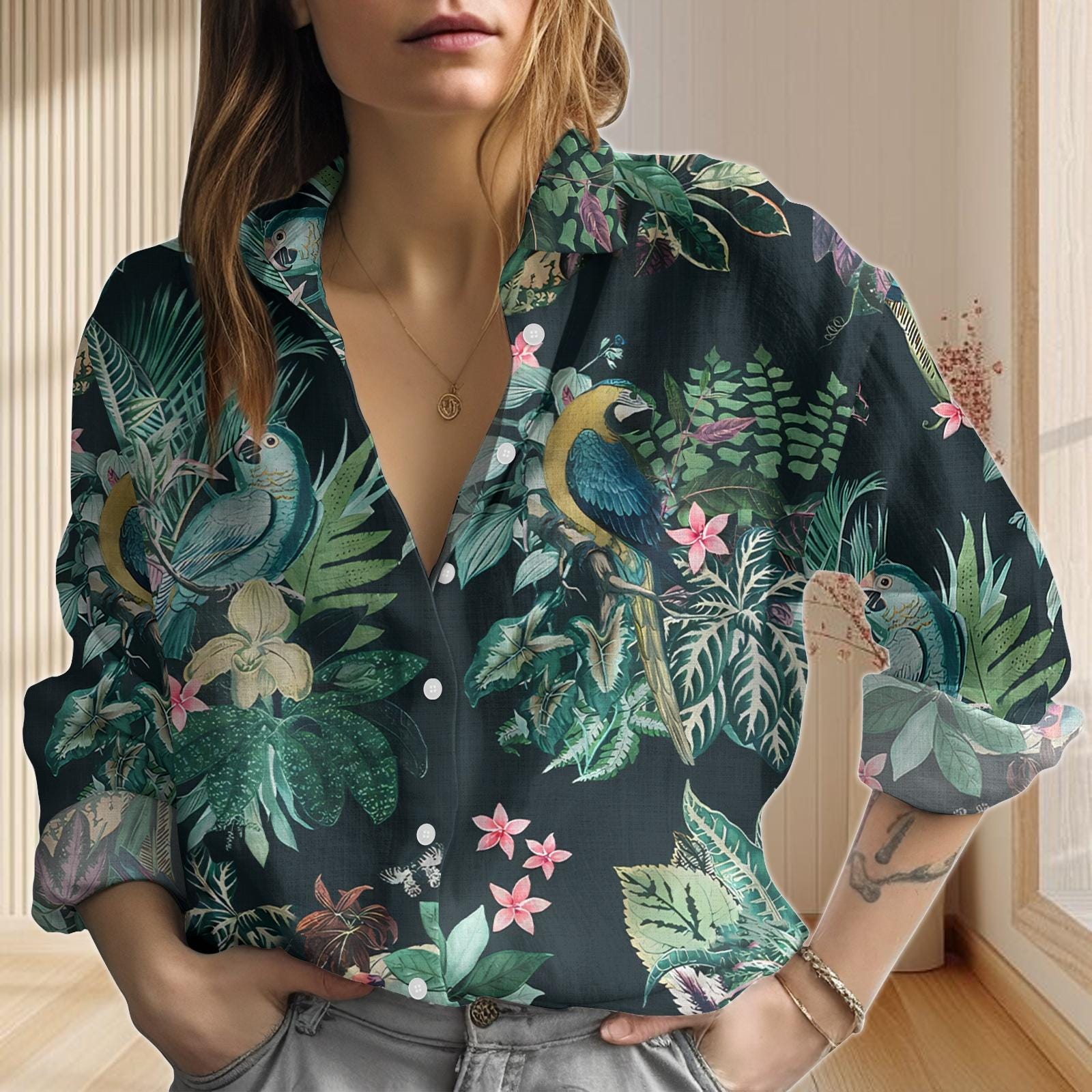 Tropical Parrot Linen-Look Shirt, Botanical Blouse Shirt, Jungle Bird Print Casual Top, Vacation Summer Outfit, Retro Button Shirt