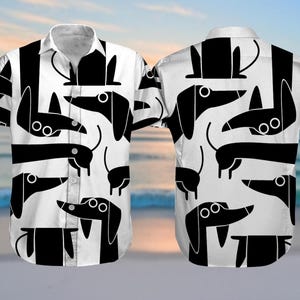 Dachshund Dog Button Up Shirt, Wiener Dog Hawaiian Shirt, Black White Sausage Dog Beach Shirt, Funny Pet Lover Gift For Summer