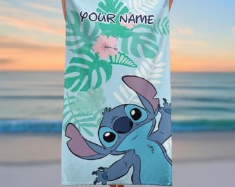 Custom Stitch Aloha Bath Towel, Summer Disney Towel, Funny Cartoon Beach Towel, Lilo And Stitch Towel, Trip Towel For Her