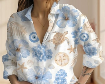 Vintage Coastal Blouse Shirt, Sea Turtle Women Shirt, Ocean Beach Long Sleeve Shirt, Tropical Vacation Shirt, Gift For Her/Mom