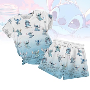 Stitch Ohana Means Family T-Shirt, Lilo And Stitch Pajamas Set, Disney Vacation Women Pajamas, Cute Stitch Tee, Cartoon Pjs For Summer