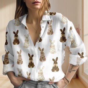 Leopard Bunny Blouse Shirt, Retro Easter Bunny Women Shirt, Summer Button Down Shirt, Cute Rabbit Shirt Women, Eater Day Gift For Her