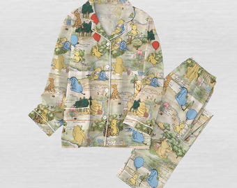 Vintage Pooh and Friends Pajamas Set, Women Disney Pajamas, Retro Disney Pooh Sleepwear, Eeyore Tigger Piglet Pjs, Cute Bear Nightwear