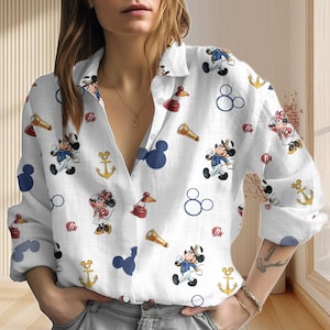 Disney Mickey Minnie Linen-Look Shirt, Disney Cruise Women Shirt, Disney Trip 2025 Blouse Shirt, Mickey Captain Casual Summer Shirt
