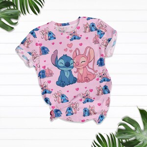 Stitch And Angel Valentine T-Shirt, Disney Women Shorts, Happy Valentine Pajamas Set, Stitch Love Holiday Pajamas, Cute Cartoon Tee