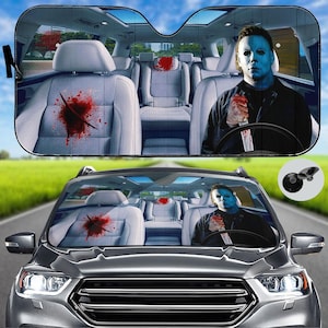マイケル・マイヤーズ カーサンシェード ハロウィンホラーキャラクター フロントガラスシェード 怖い車内装飾 不気味な車用サンブロッカー 不気味な季節に