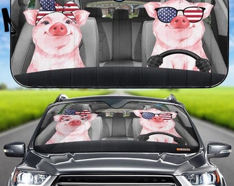 Pig Couple With USA Flag Bandana Car Auto Sunshade, Cute Pink Pig Face Windshield Sunshade, Animal Farm Front Window Windshield