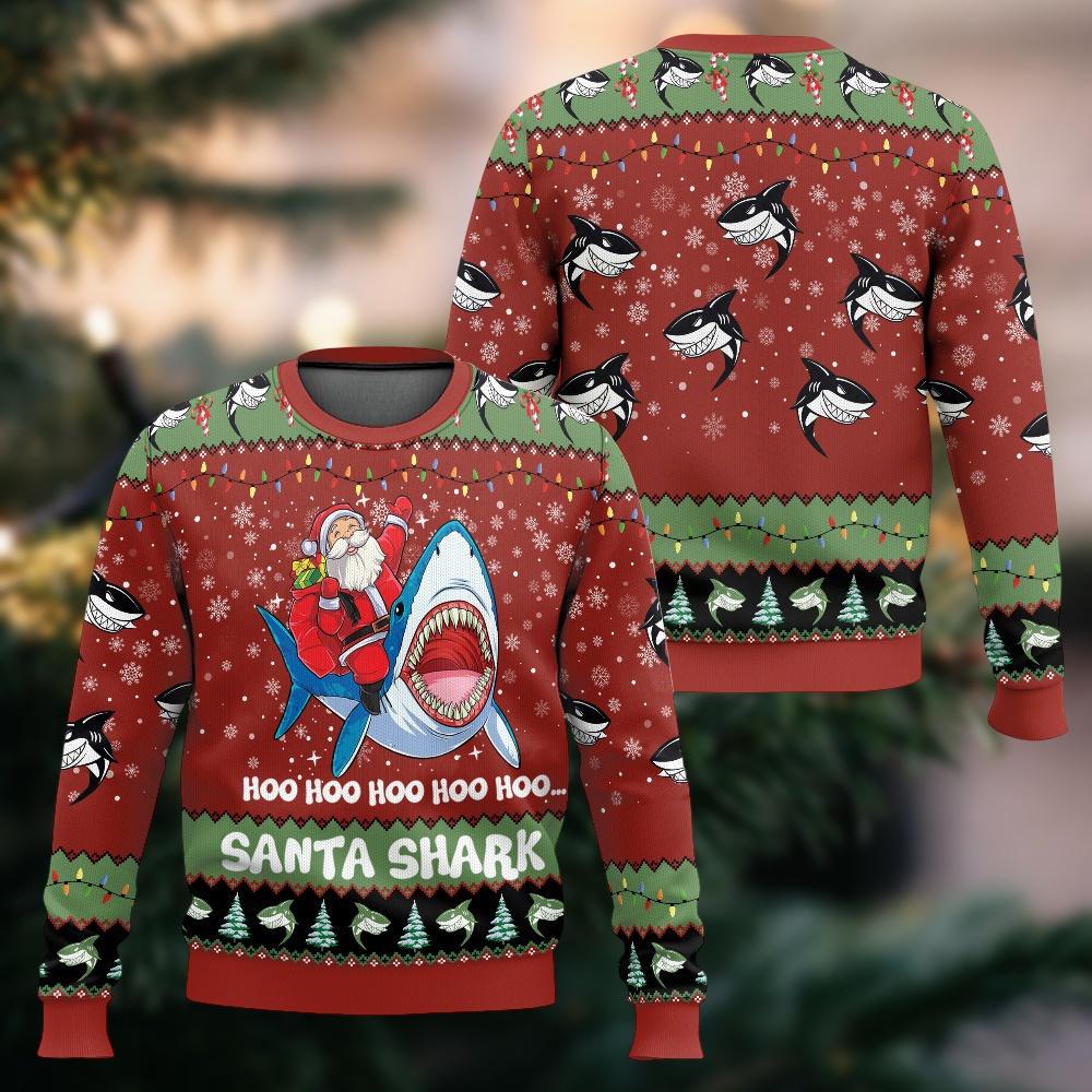 Discover Santa Shark Hoo Hoo Hoo Ugly Christmas Sweater, Funny Santa Clause Xmas Sweatshirt, Animals Holiday Sweater For Men Women Kids Gifts