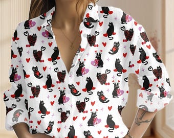 Black Cats Valentine Blouse Shirt, Cat Happy Women Long Sleeve Tops, Funny Valentine Casual Shirt For Cat Lovers, Pet Couple Gifts