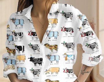 Cow Puns Blouse Shirt, Cows Casual Shirt, Funny Farmer Shirt, Cow Meme Women Top, Animal Lovers Button Shirt, Gifts For Her