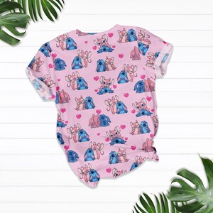 Stitch And Angel Valentine T-Shirt, Disney Women Shorts, Happy Valentine Pajamas Set, Stitch Love Holiday Pajamas, Cute Cartoon Tee