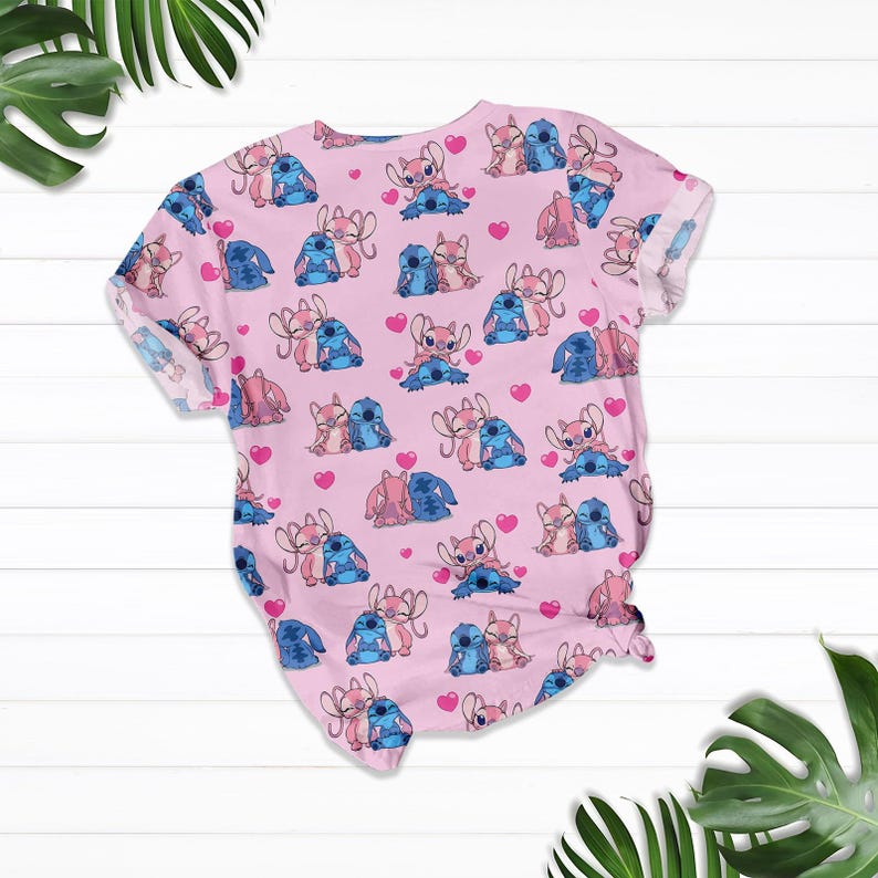 Stitch And Angel Valentine T-Shirt, Disney Women Shorts, Happy Valentine Pajamas Set, Stitch Love Holiday Pajamas, Cute Cartoon Tee