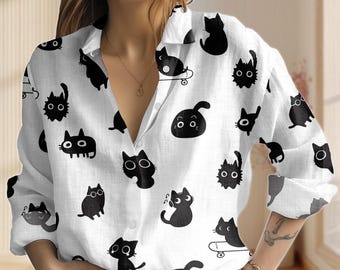 Camicia effetto lino con gatto nero, camicia da donna con gatto carino, camicetta con gatti divertenti, camicia casual con animali per l'estate, regalo per gli amanti degli animali