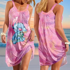 Disney Stitch Sling Sukienka Letnia, Słodka Sukienka Letnia z Kreskówek, Sukienka Codzienna Na Wypad Na Plażę, Sukienka Damska Lilo & Stitch, Prezenty Letnie