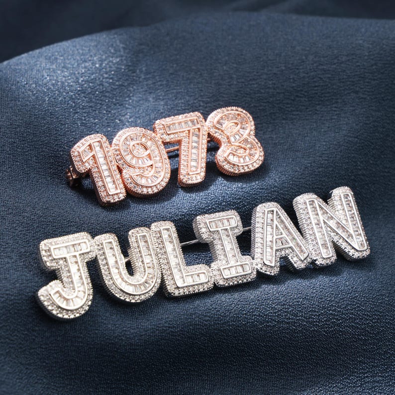 Iced Custom Nameplate Brooch, Bling Letter Name Pins, Iced Out Baguette