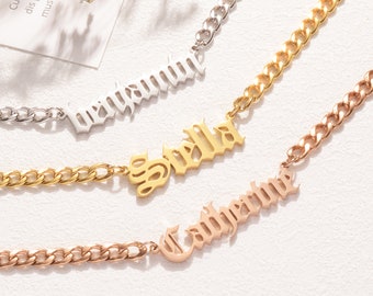 Goth Old English Name Necklace Multiple Color Chain Necklace with Personalized Name Gifts for Women Gothic Name Necklace Engraved Charm