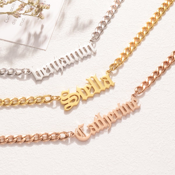 Goth Old English Name Necklace Multiple Color Chain Necklace with Personalized Name Gifts for Women Gothic Name Necklace Engraved Charm