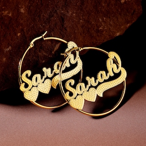 Personalized Hoop Earring, Custom Name Earrings, Gold Medium Size