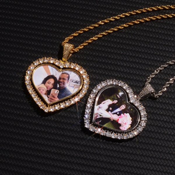 Heart Photo Necklace, Diamond Necklace With Rotated Picture, Photo Memory Engraved Necklace, Personalized Jewelry Gift