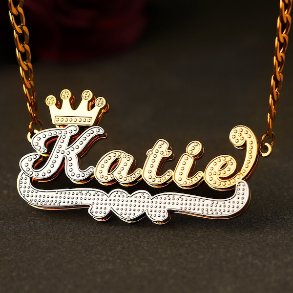Custom Heart Gold Plated Double Plate Crown Pendant, 3D Name Necklace, Classic 80s 90s Style Mirror Finish, Hip-hop Jewelry for Women