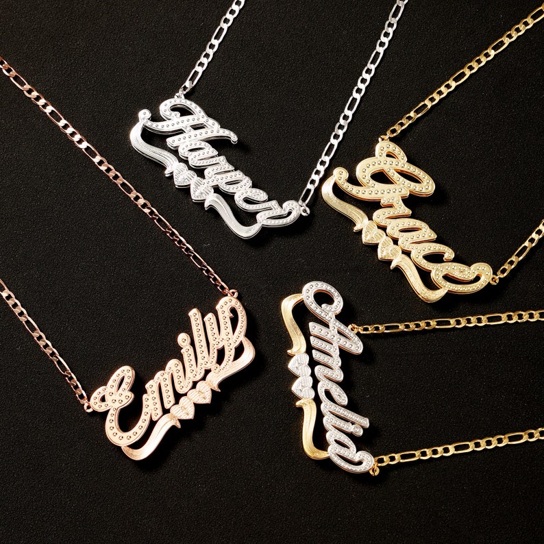 18K Gold Double Plate Heart Name Necklace Custom 3D Name Chain Double ...