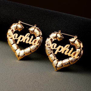 Gold Heart Bamboo Name Earrings, Custom Name Hoop Earrings, Personalized Large Hoop Earrings, Heart Statement Bamboo name earrings