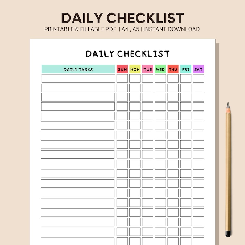 Daily Checklist: Fillable Task Schedule (printable A4, A5) (digital ...
