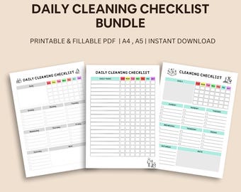 May include: Three printable daily cleaning checklists in a bundle. The checklists are designed for a weekly schedule and include a daily tasks section, a daily schedule, and a notes section.