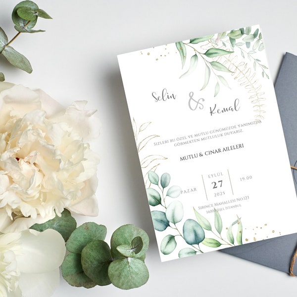 Greenery Wedding Invivation | Eucalyptus Wedding Invite | Classic | Düğün Davetiyesi Sade | Minimalist | Editable | Editable