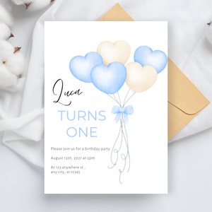 1st Birthday Invitation Boy, Minimal 1st Birthday Invitation Template, Editable First Birthday Photo Invitation Template, Boy Birth