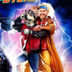 Puede incluir: Una pintura digital de una persona y un perro vestidos como personajes de la película "Regreso al futuro". La persona lleva un chaleco rojo, pantalones vaqueros azules y una chaqueta marrón. El perro lleva un chaleco marrón y unas gafas protectoras. Están de pie frente a una máquina del tiempo DeLorean con rayos en el fondo.