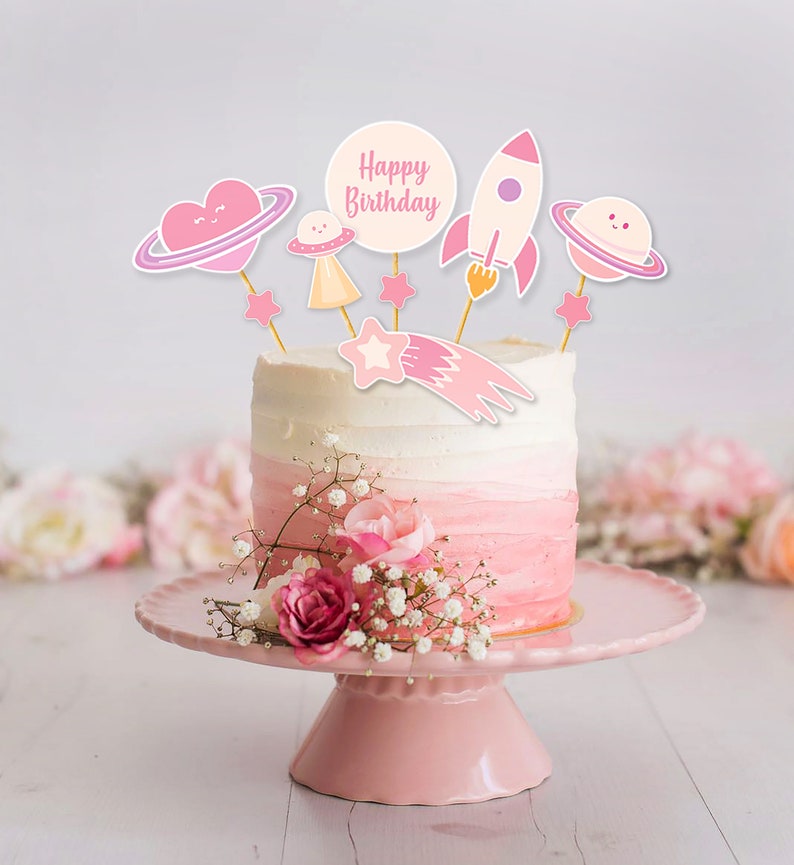 PRINTABLE Girl Outer Space Cake Topper. Pink space themed cake decoration. Printable Space Cake ...