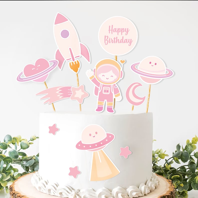 PRINTABLE Girl Outer Space Cake Topper. Pink Space Themed Cake Decoration. Printable Space Cake ...