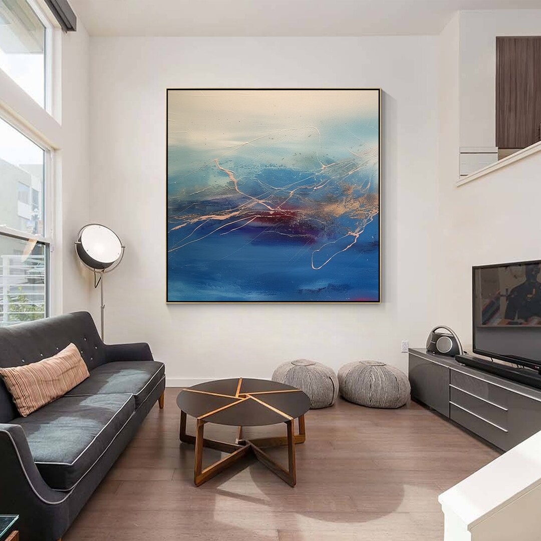 Gray Blue Wall Art Texture Painting With Ocean View Minimalist Painting