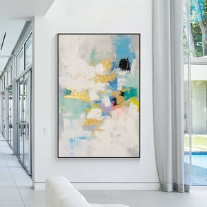 Gold & Blue Wall Art Texture Painting minimalist Painting Bright Fresh Feeling Framed Large Wall Art Living Room Decor Abstract Art zdjęcie 4