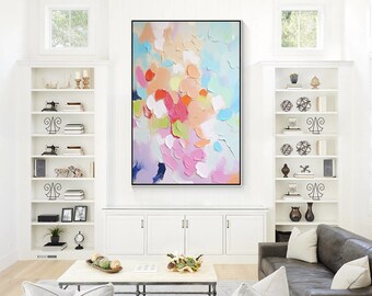 Pink Blue Wall Art Texture Painting minimalist Painting Heavy Textured Art Painting Framed Large Wall Art Living Room Decor Abstract Art