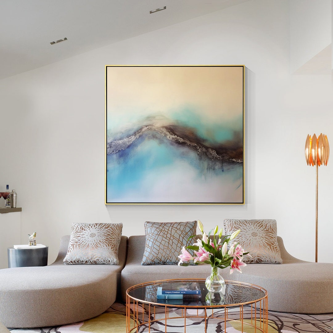 White and Light Blue Wall Art Texture Painting Minimalist Painting ...